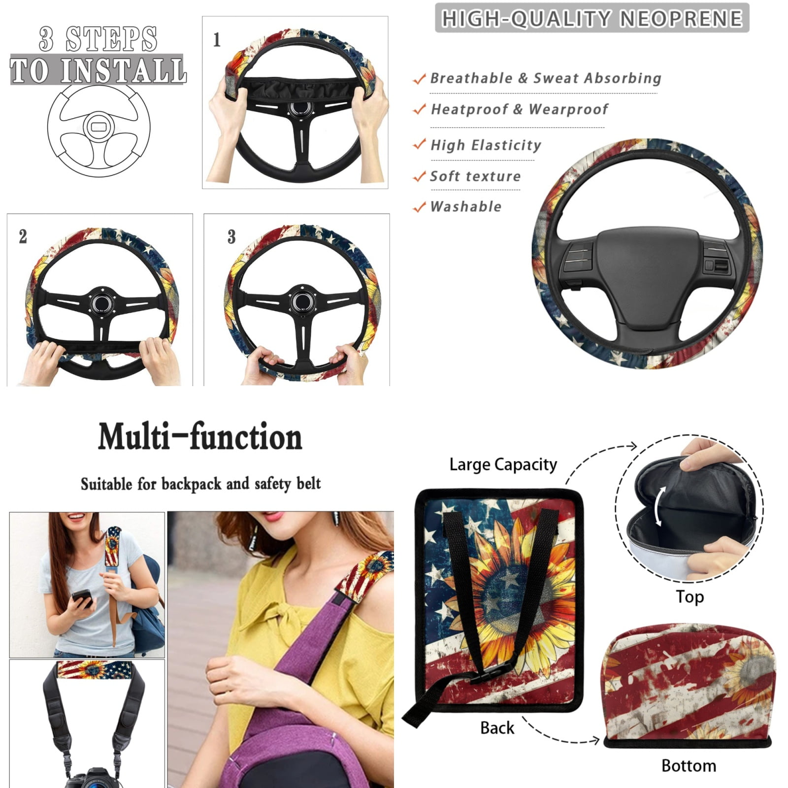 Jeiento American Flag Car Front Back Seat Covers with Steering Wheel Cover Seat Belt Pads Car Cup Mat Garbage Can Rear View Mirror Cover Wristlet Keychain Sunflower Air Vent Storage Holder, 15pcs