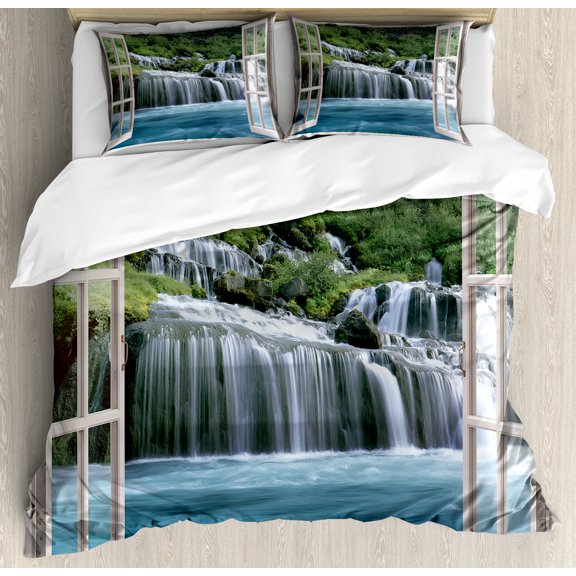 Waterfall Duvet Cover Set, Majestic Waterfall Landscape Through a Window Imaginary Secret Paradise Print, Decorative 3 Piece Bedding Set with 2 Pillow Shams, King Size, Blue Green, by Ambesonne