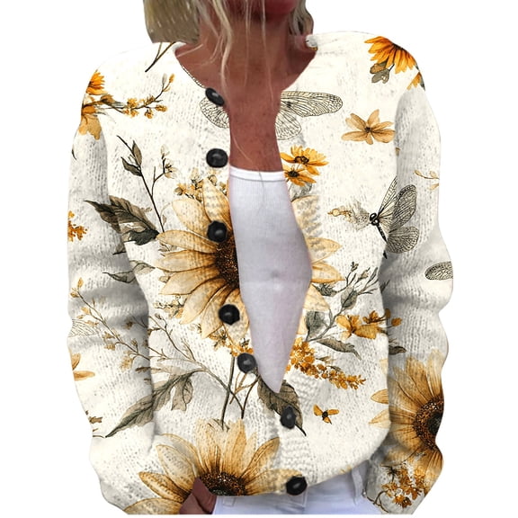 Cardigan Sweaters for Women Hemlock Fall Cute Print Open Front Knit Cardigan Sweater Winter Casual Loose Button Down Long Sleeve Coat Sweater