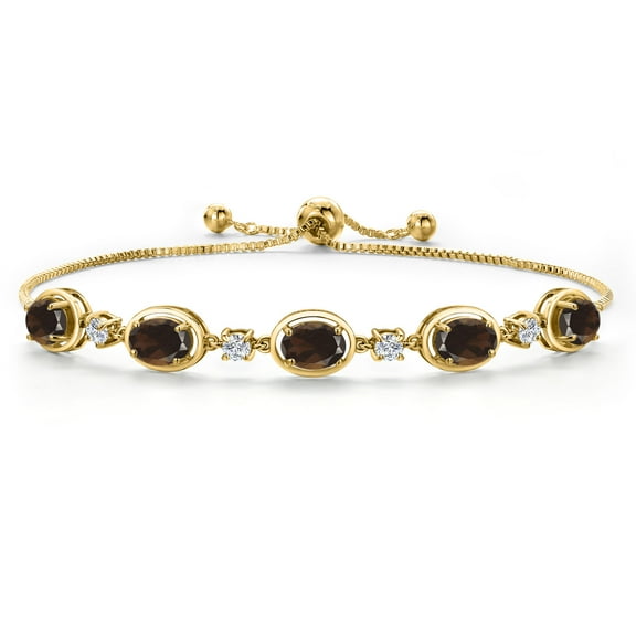 Gem Stone King 18K Yellow Gold Plated Silver Brown Smoky Quartz Bracelet for Women | 3.75 Cttw | Gemstone Birthstone | Oval 7X5MM | Fully Adjustable 9 inch