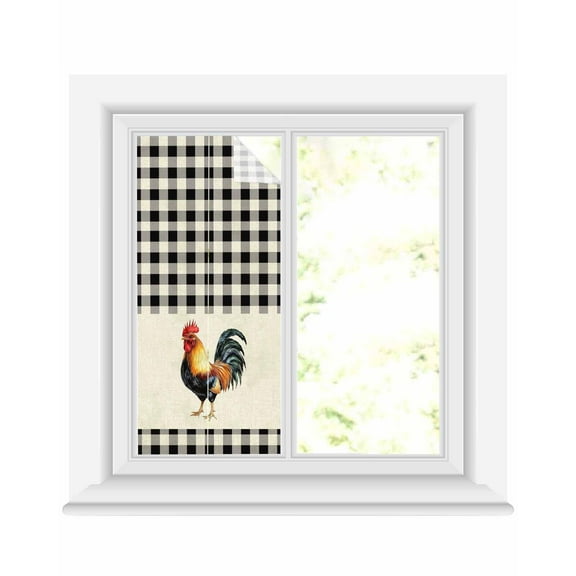 Window Privacy Film Black White Plaid Rooster Stained Glass Window Film Decorative Sun Block Window Cover Vintage Farmhouse Checkered Rustic Window Clings Static Sticker for Bathroom 17.7"x39.3"