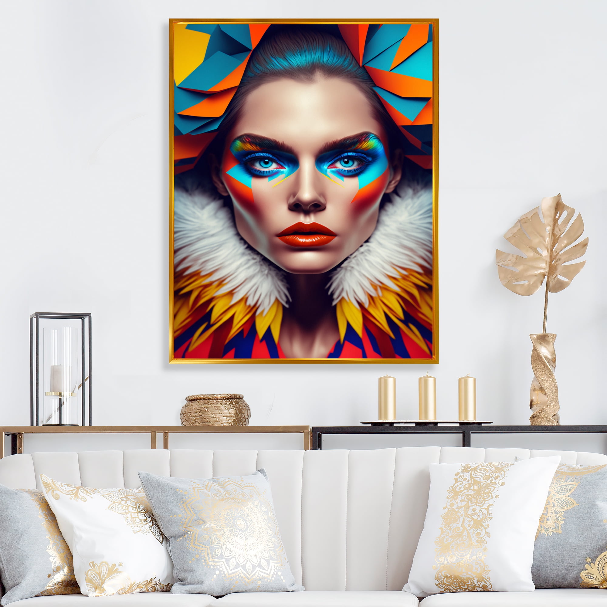 Designart Colorful Sensual Woman In Fur Coat I Floating Frame Wall Art