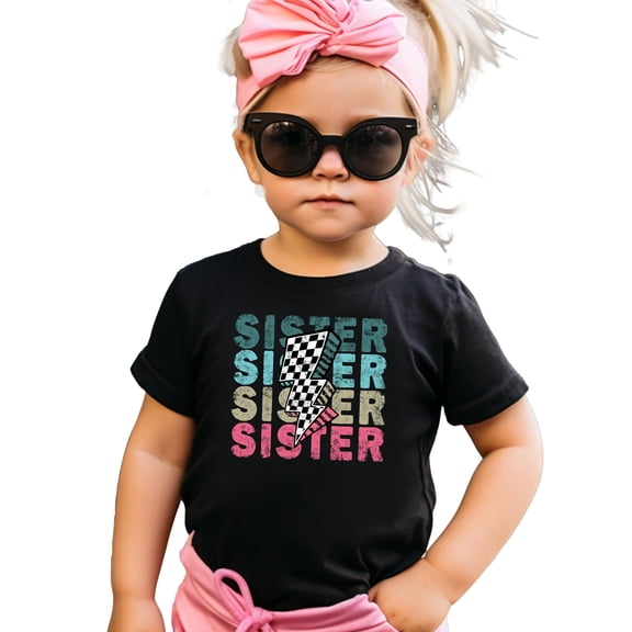 Trendy Sister Shirt for Girls Checkered Lightning Bolt Graphic T-Shirt Black Shirt 2T