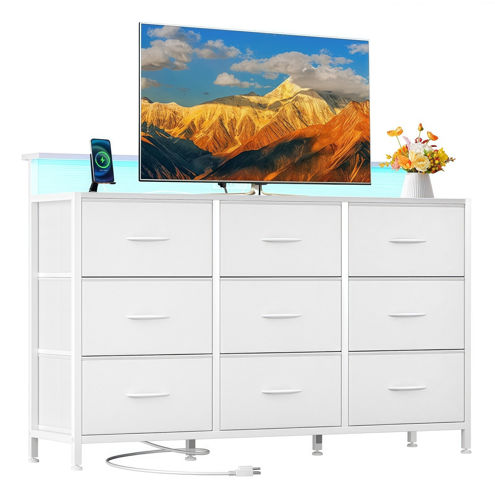 BEAUTYPEAK TV Stand Dresser with 9 Fabric Drawers LED Light AC USB-C Charging Station, White