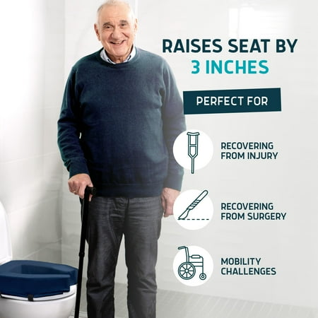 Lunderg Toilet Seat Riser for Seniors - Adds 3 inches. Universal Fit - Raised Toilet Seat Cushion with High-Density Foam for enhanced Comfort & Elevation. Easy to Clean. Post-Surgery Must have (Blue)