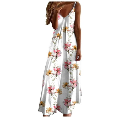 Mnyotv Dress for Spring Women Summer Sexy V Neck Suspender Long Dress Fashionable Flower Printed Vacation Beach Dress Pink 2XL
