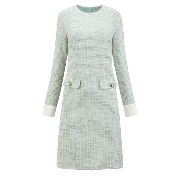 DARING DIVA Women's Tweed Formal Work Long Sleeve Sheath Dress S Cyan Blue