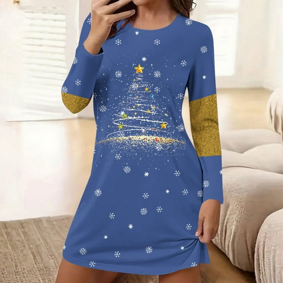 FDGIU Women's Christmas Sleep Dress, Long Sleeve Comfy Soft Nightie, Round Neck Tshirt Dress Casual House Dress