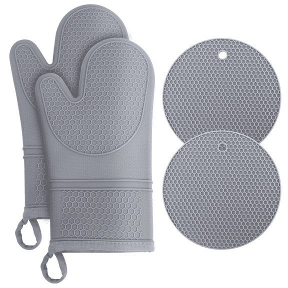 Silicone Oven Mitts and Pot Holder Sets Hot Pads for Kitchen Oven Gloves Heat Resistant,Pack of 4(Grey)