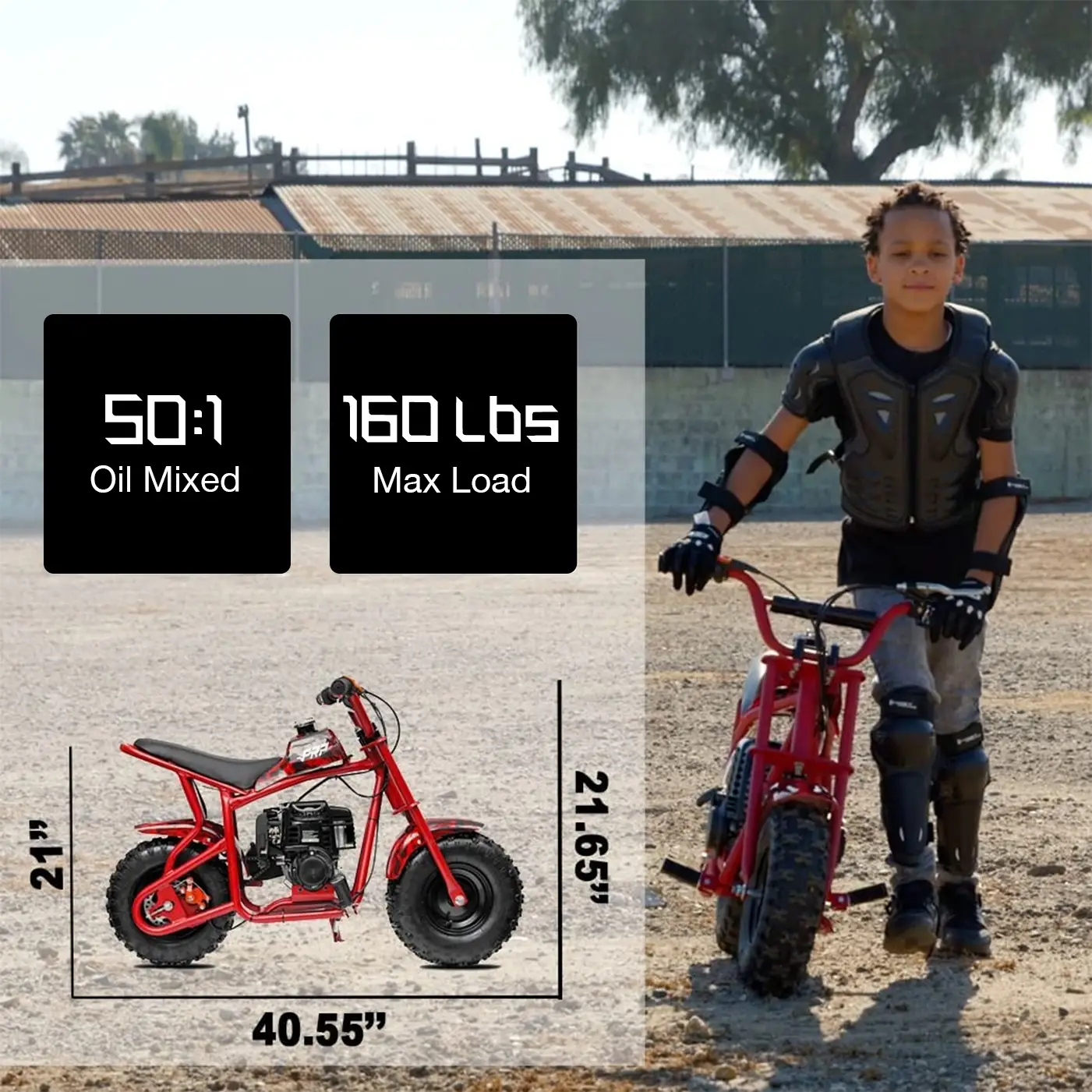 50cc Gas Powered Mini Dirt Bike, 2-Stroke Engine with 50:1 Fuel Mix, Pull Start Off-Road Motorcycle, Rear Disc Brake, Up to 20 MPH, 160 lbs Capacity, Ages 13+