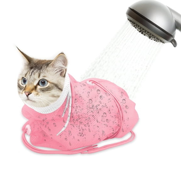 Urieessian Breathable Mesh Cat Bathing Bag, Anti Scratch Adjustable Soft Polyester Grooming Washing Bag for Cat Shower and Nail Trimming, Pink