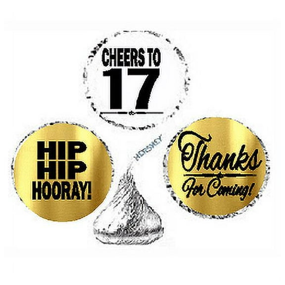17th Birthday / Anniversary Cheers Hooray Thanks For Coming 324pk Stickers / Labels for Chocolate Drop Hersheys Kisses, Party Favors Decorations