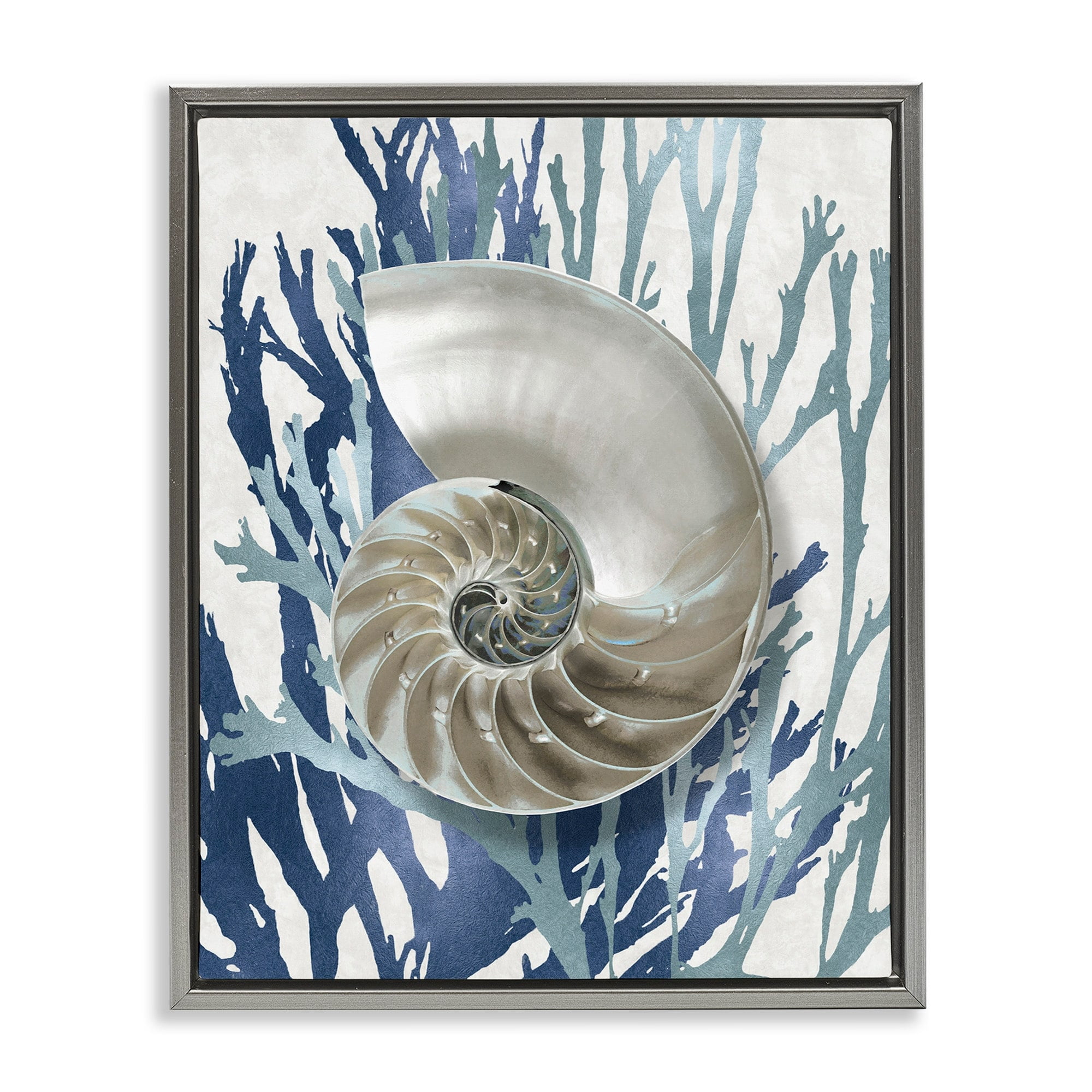 Stupell Industries Shell Coral Beach Blue Design Luster Gray Framed Floating Canvas Wall Art, 16x20, by Caroline Kelly
