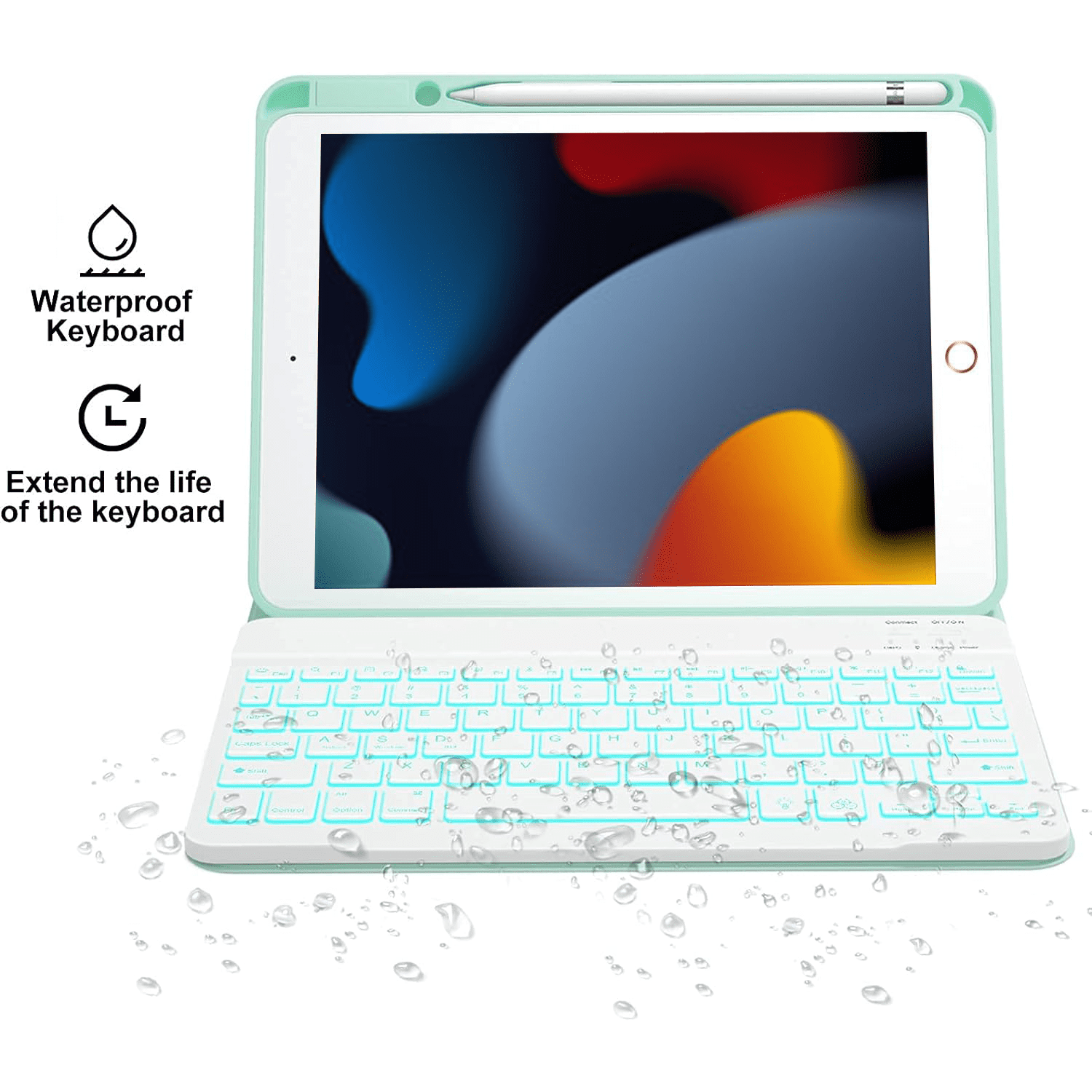 iPad 7th/8th/9th Generation Case with Keyboard 10.2-inch 2019/2020/2021, iPad Air 3rd/Pro 10.5-inch 2017 Compatible, 7 Color Backlit Keyboard BT/Wireless/Detachable with Pencil holder (Mint Green)