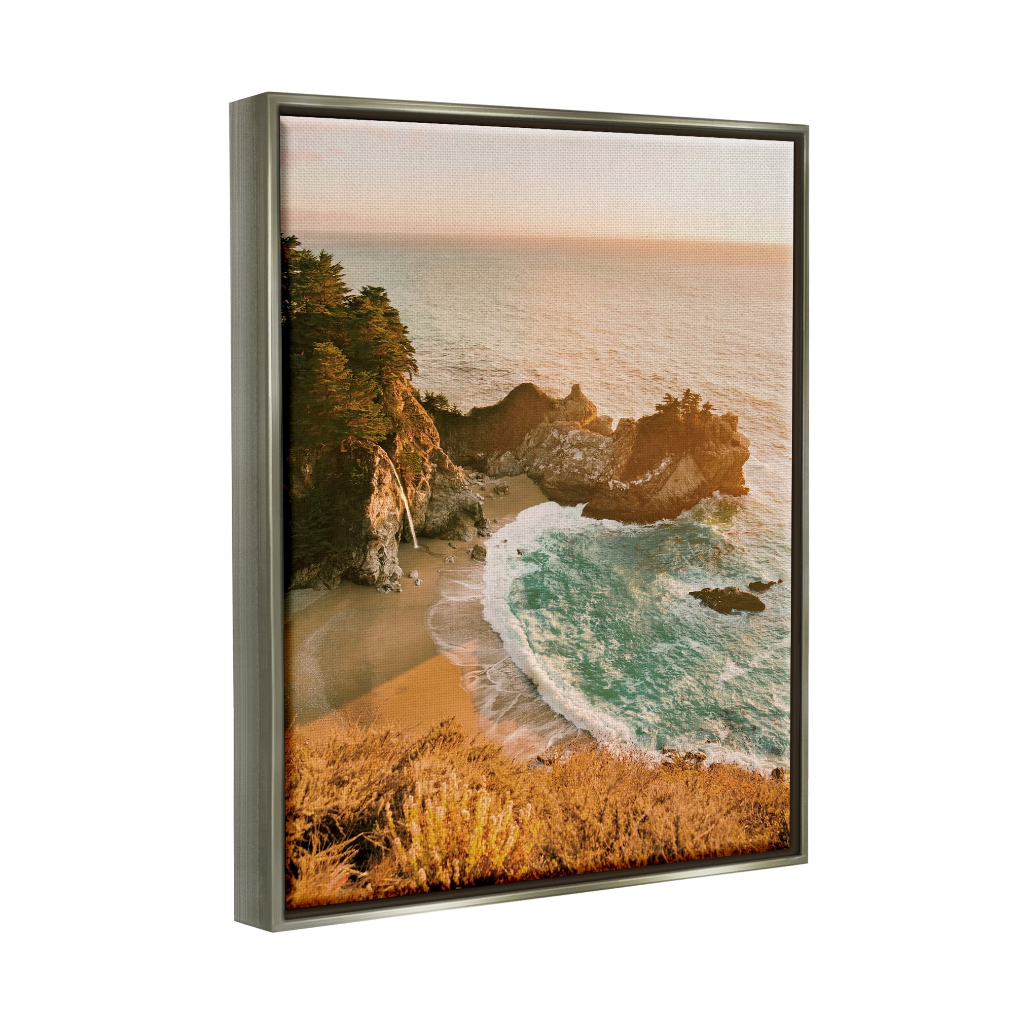 Stupell Industries Waves Crashing Rocky Cove Coastal Photography Gray Floater Framed Art Print Wall Art