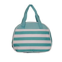 Fashion Print Insulated Water Resistant Round Small Lunch Cooler or Cosmetic Tote Bag Turquoise Stripe