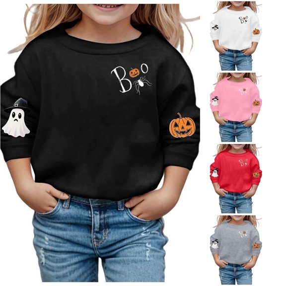 Vividxx Sweatshirts For Girls Halloween Pumpkin Ghost Print Crewneck Pullovers Top Long Sleeve Soft Cute Sweatshirt For Kids Streetwear 4-5 Years