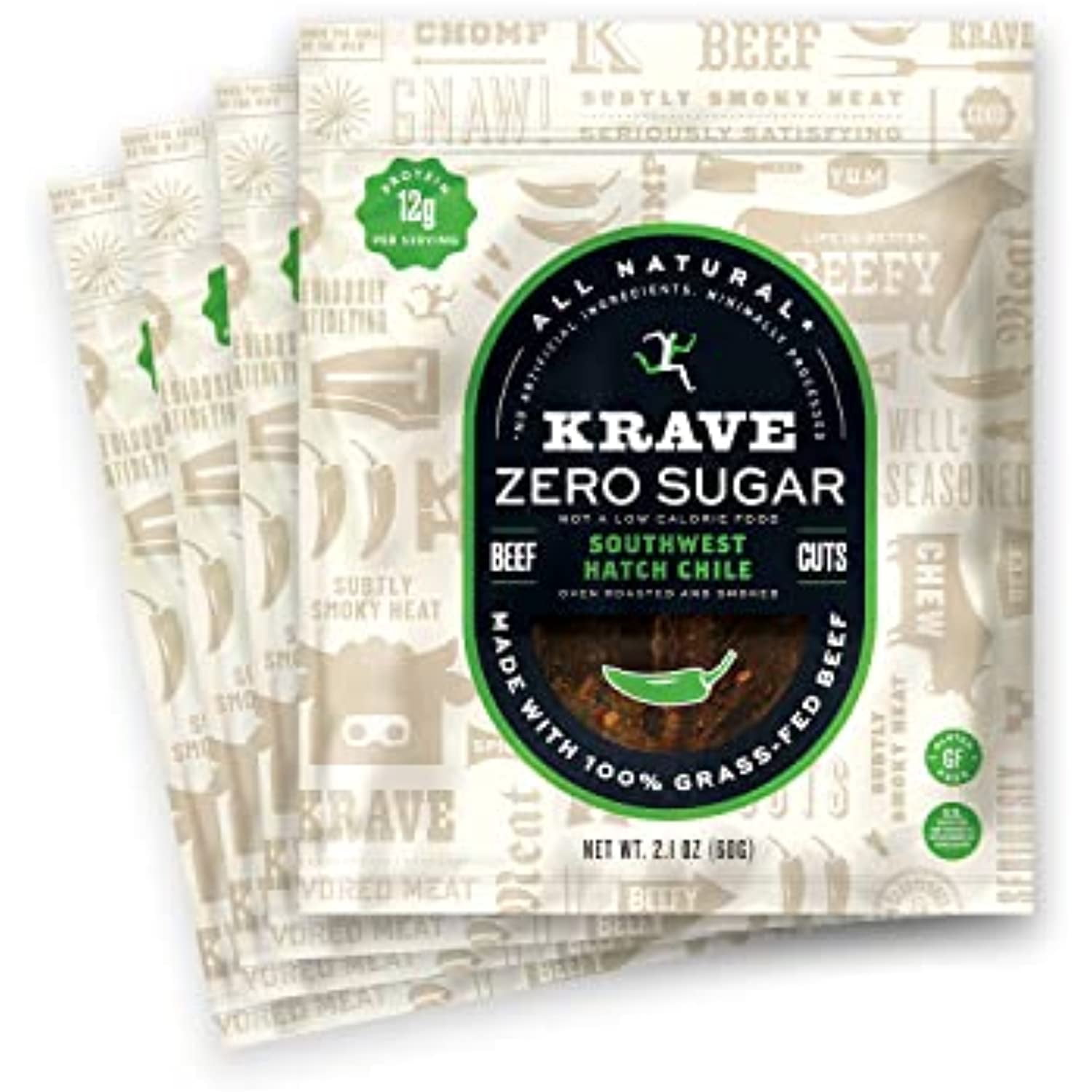 Krave Southwest Hatch Chile Beef Jerky, 100% Grass-Fed Beef, Zero Sugar, No Artificial Ingredients, Gluten-Free, 12G Protein, No Nitrates - 2.1 Oz Bags (4 Pack)