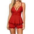 thumbnail image 2 of Fatuov Women's Lace Pajama Set V-Neck Camisole Sleepwear for Sleep, Home Comfortable PJ Sets with Elastic Waist Slit Shorts, Red, Size S-XL, 2 of 5
