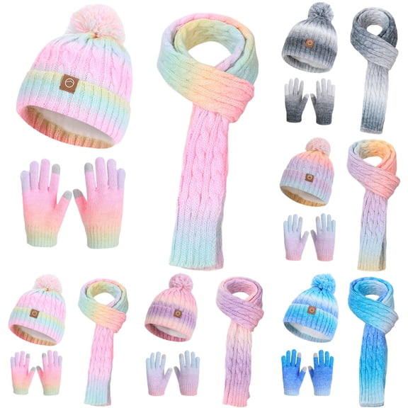 Lispipm Kids Winter Hat Scarf Gloves Set Toddler Knit Pompom Beenie Snowy Outdoor Warm Long Scarf Fleece Lined Three Pieces