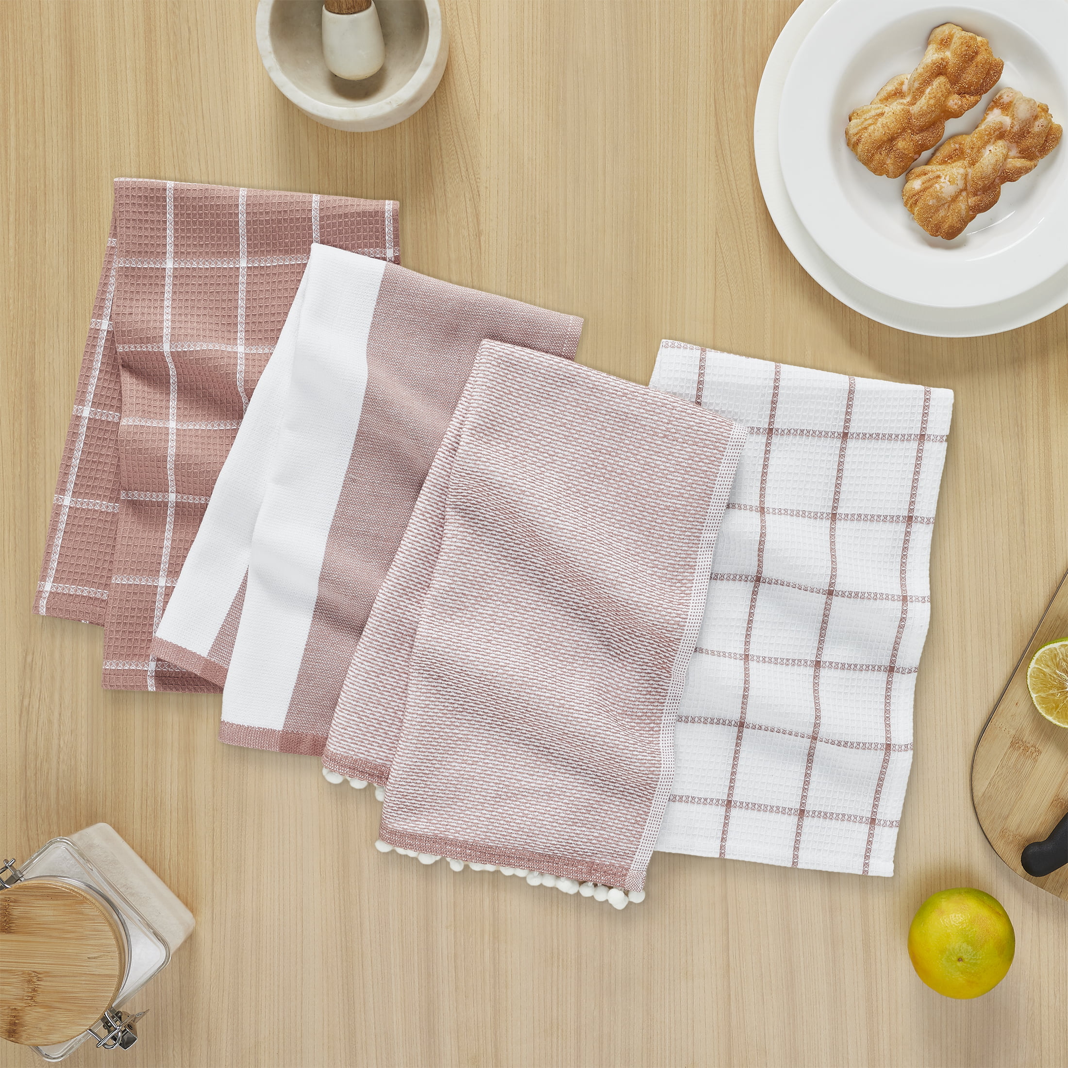 My Texas House Grid 16 x 28 Cotton Kitchen Towels, 4 Pieces, Pink 
