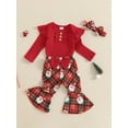 thumbnail image 5 of Baby Toddler Girl Christmas Outfit, 0 3 6 12 18 Months Ruffle Long Sleeve Ribbed Romper Santa Claus Print Plaid Flare Pants Headband 3 Piece Clothing Set, 5 of 9