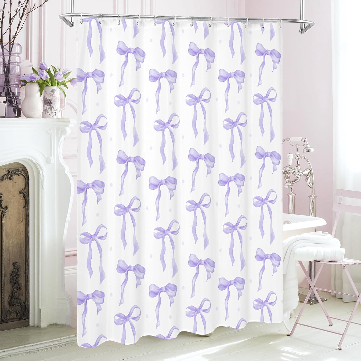 Cute Bow Shower Curtain, Lavender Aesthetic Bowknot Shower Curtain for Bathroom, Modern Minimalist White Waterproof Fabric Shower Curtain Set