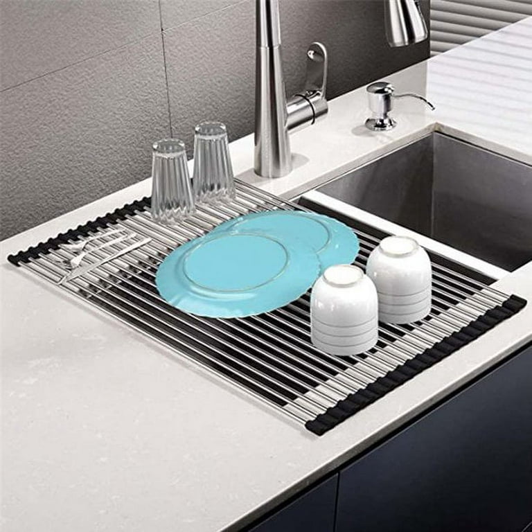 RGISHOP Roll Up Dish Drying Rack, Seropy Over The Sink Dish Drying Rack Kitchen Rolling Dish Drainer, Foldable Sink Rack Mat Stainless Steel Wire Dish Drying