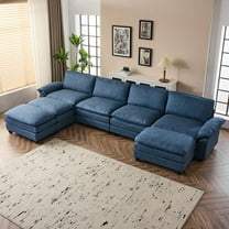 Zimtown Sectional U-Shaped Sofa with Ottoman, 6-8 Person Living Room Couch, 4 Seater and 3 Ottoman, Double-Layered Burlap, Blue