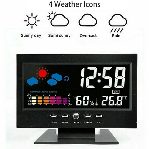 Reloj meteorológico con pantalla digital inteligente, medidor de temperatura y humedad inalámbrico con calendario, reloj despertador de pantalla grande