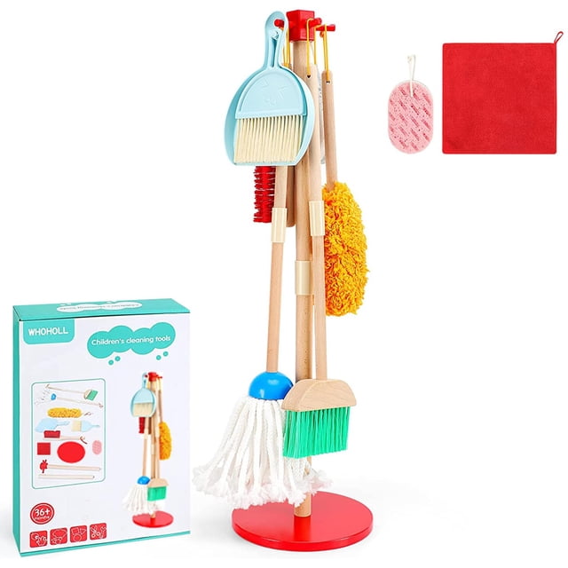 Set de limpieza WHOHOLL Kid, escoba de madera para niños pequeños, 9 unidades con soporte