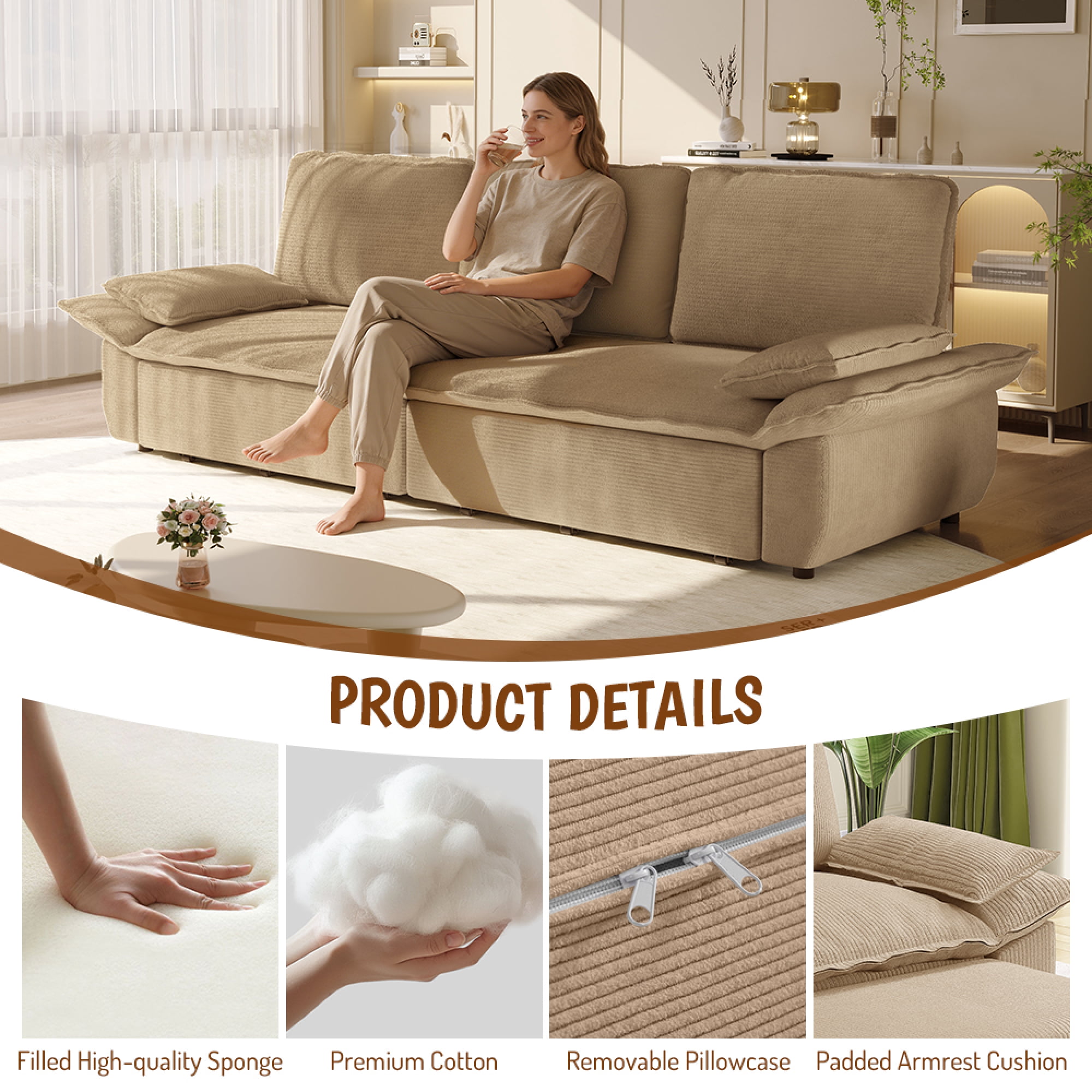 Leumius 94.5" Pull Out Sofa, King Size 3-in-1 Convertible Sleeper Sofa Bed, Multi-Functional Corduroy Bed for Living Room Bedroom Camel