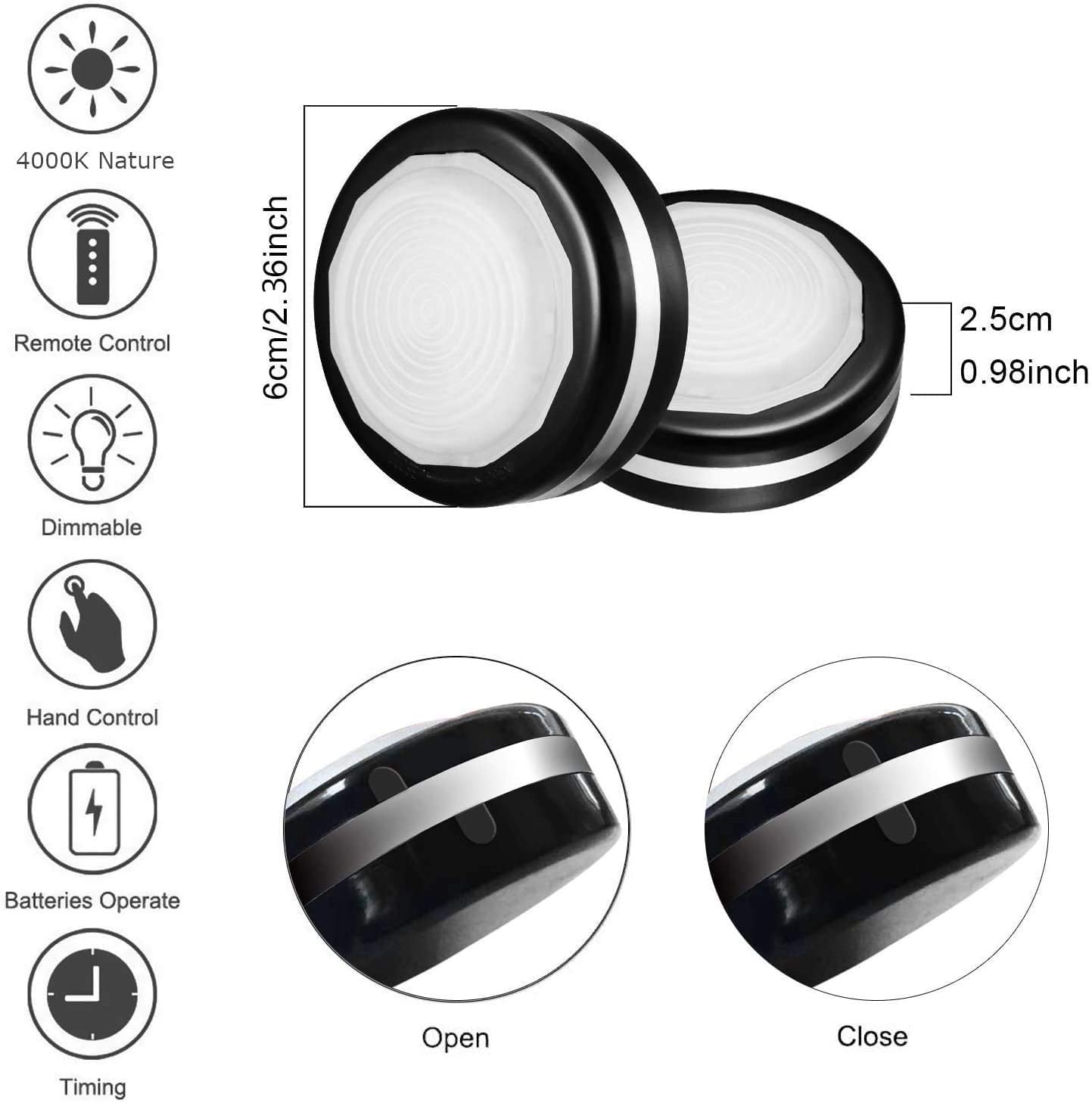EIMELI Lightess Wireless Puck Lights Remote Under Cabinet Lights Black Under Counter Lighting Battery Operated LED Closets Light Kitchen Stick On Lights, 6PCS