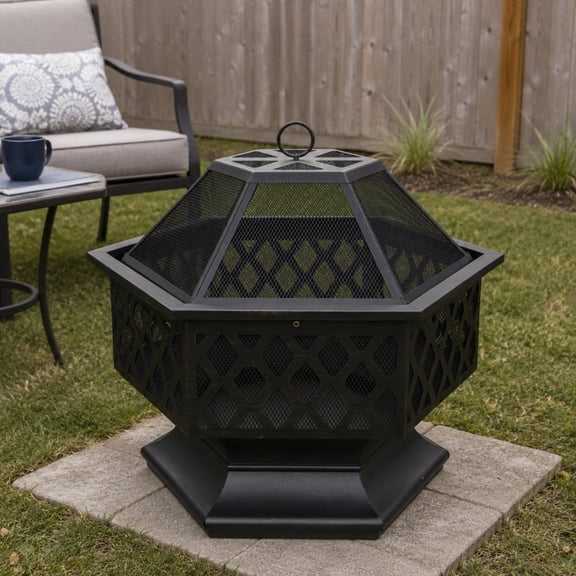 27.5-Inch Fire pit HEXA FIRE PIT with Mesh Cover & Poker for Camping, Outdoor Heating, Bonfire and Picnic, Black