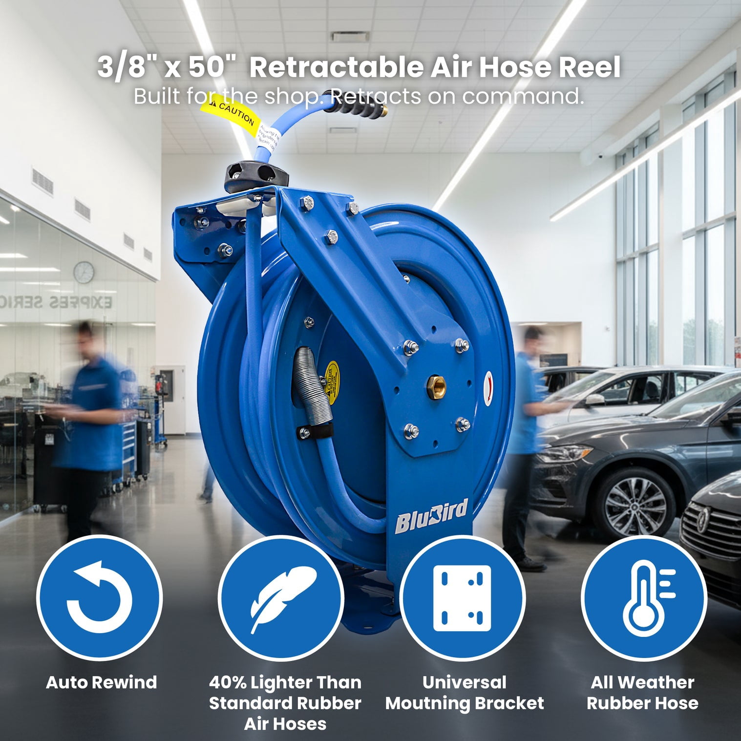 BluBird 3/8" x 50' Retractable Dual Arm Air Hose Reel, 300 PSI Rubber Hose, Heavy-Duty Steel, Commercial & Industrial Use