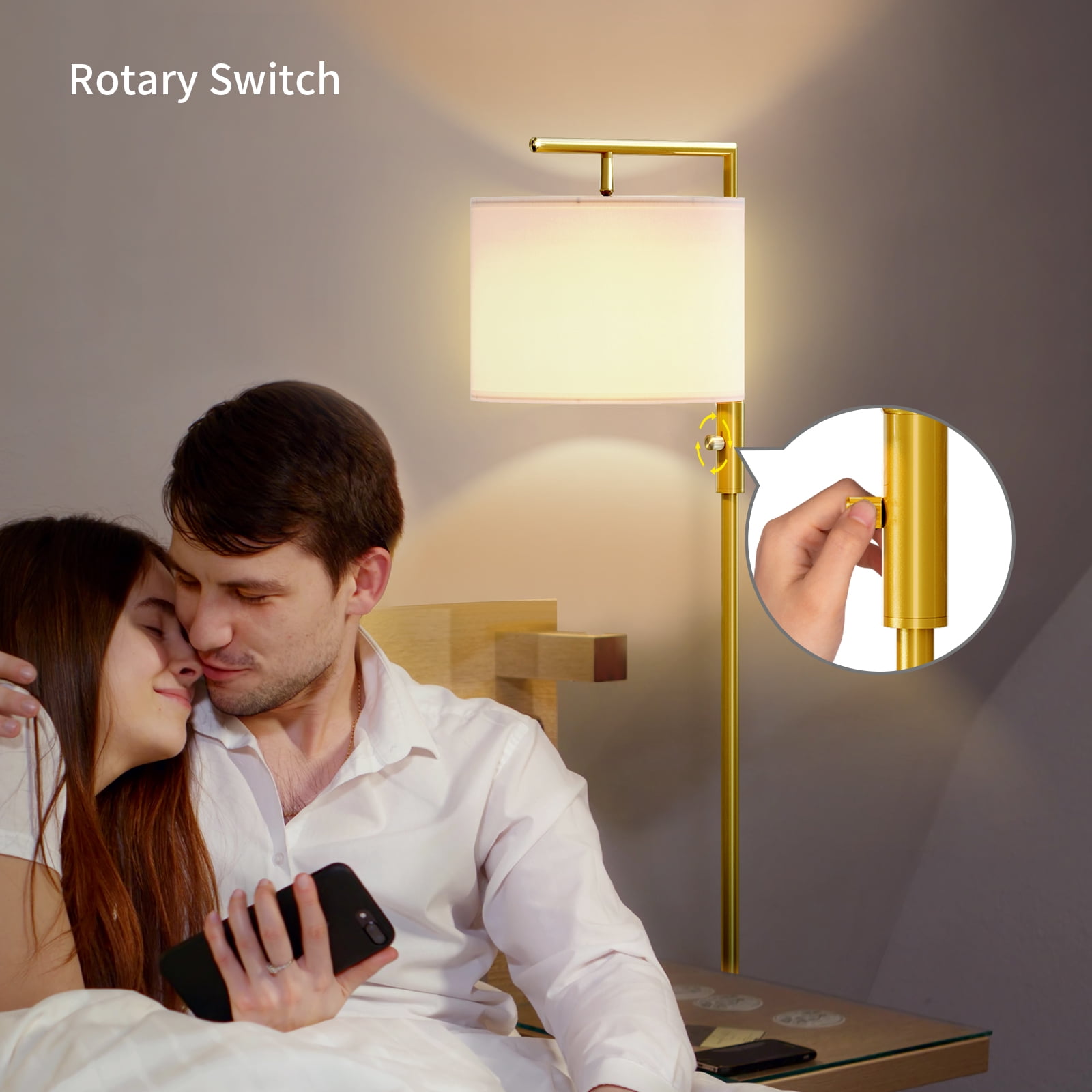 SUNMORY Iron Modern Standing Lamp, Gold Floor Lamp for Living Room, with Rotary Switch, Hanging Shade and 3 Color Temperatures 9W Bulb for Bedroom, Study Room, Office