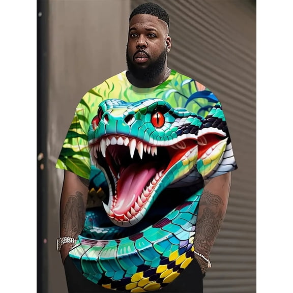 Men's 3D Snake Print T-Shirt - Polyester -, Large Size Casual Sportswear, Crew Neck Short Sleeves, Machine Washable