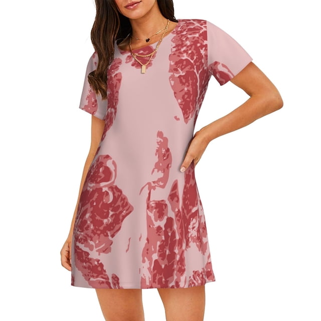 Vsdgher Chemise de Nuit à Manches Courtes pour Femmes Motif Chair Rouge Col Rond Mignonne Robe de Nuit à Volants Confortable