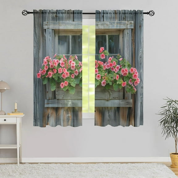 Rustic Barn Door Window Treatment Curtains Retro Wooden Board Pink Flowers Green Leaves Country Farmhouse Semi Blackout Rod Pocket Curtain Set for Bedroom 42x54 Inch