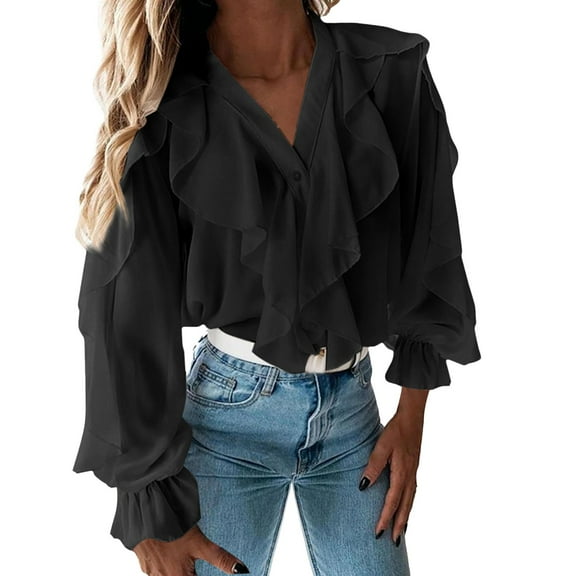 Solid Color V Neck Ruffles Blouse Elegant Puff Sleeve T-Shirt For Women Casual Comfortable Stylish Top