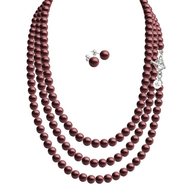 Set Collar Perlas Triple Aretes Zvezda Plata 0.925 Mujer vino Unitalla