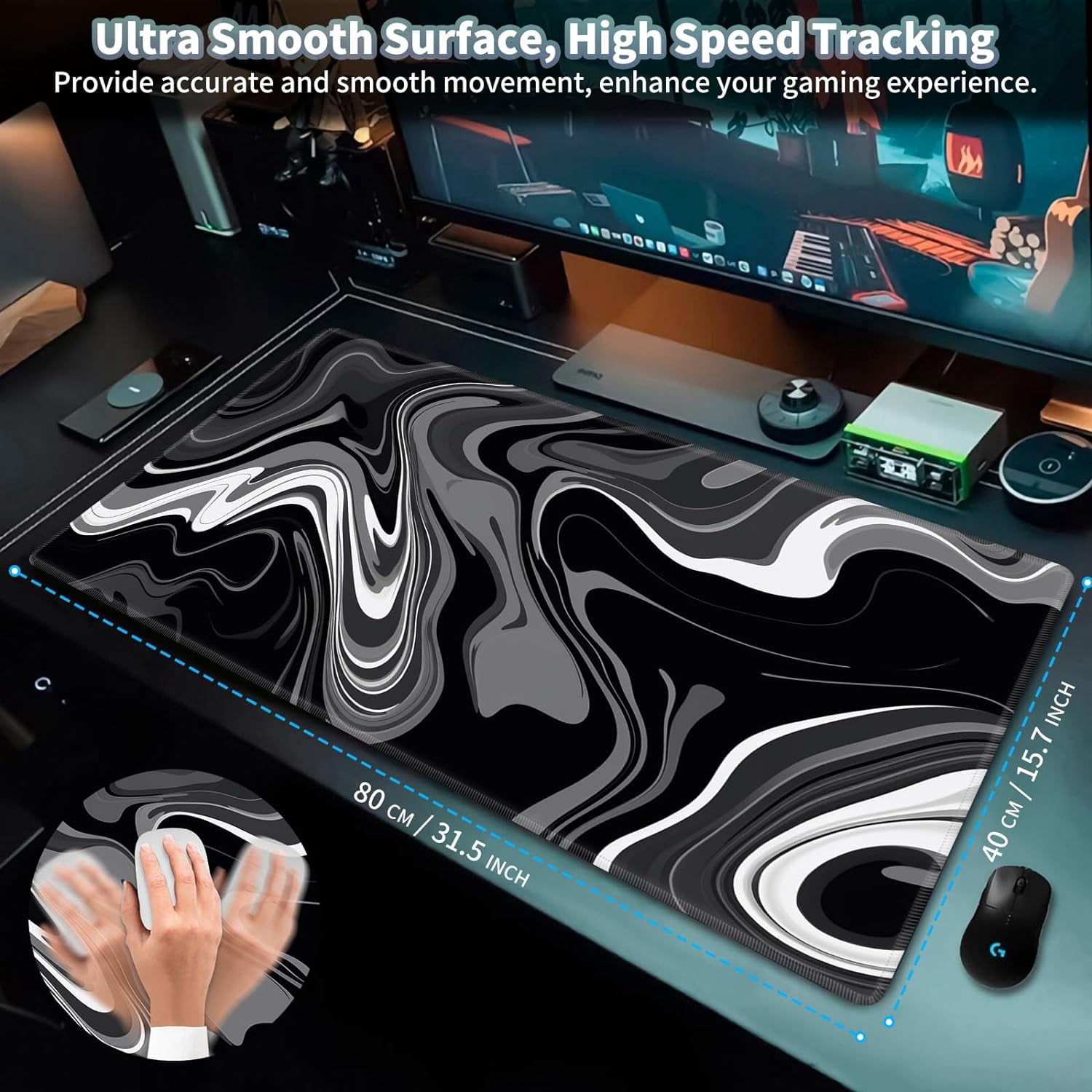 Gaming Mouse Pad, Keyboard Mouse Pad 31.5x15.7 inch XXL Large Computer Laptop Cool Desk Mat with Non-Slip Rubber Base and Stitched Edge for Home Office Work, Black Grey Swirling Liquid