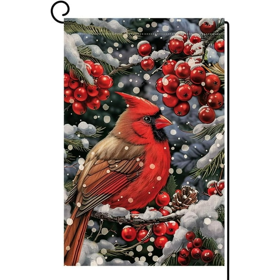 Shmbada Winter Cardinal Bird Garden Flag 12x18 Vertical Double Sided Red Christmas Holiday Outside Decorations Burlap Yard Flag