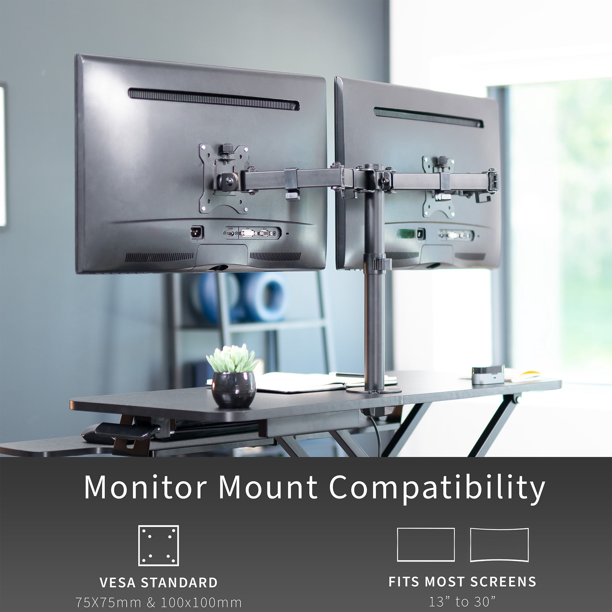 VIVO Black 36" Standing Desk Riser with Adjustable Dual 13" to 30" Monitor Mount