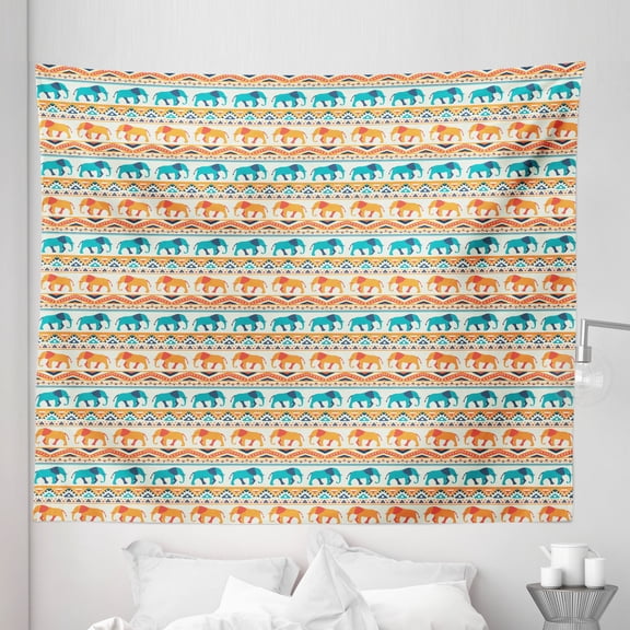 Ethnic Tapestry, Colorful Native Composition with Geometric Borders and Elephants Design, Fabric Wall Hanging Decor for Bedroom Living Room Dorm, 5 Sizes, Multicolor, by Ambesonne