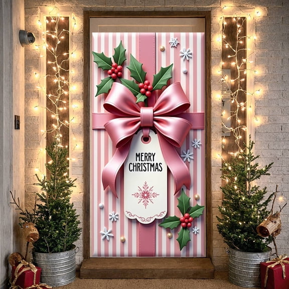 Pink Striped Merry Christmas Banner Satin Bow Christmas Display Holly Leaves Red Berries Holiday Backdrop for Christmas Party Indoor Celebration Xmas Gathering