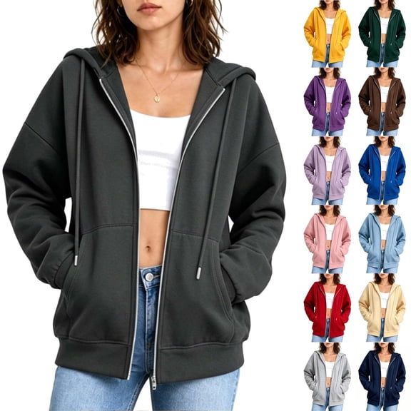 Jovrlynd Zip Up Hoodie Women Oversized Drawstring Pockets Winter Fleece Hooded Sweatshirts Soft Comfy Hoodies 2026, S-2XL