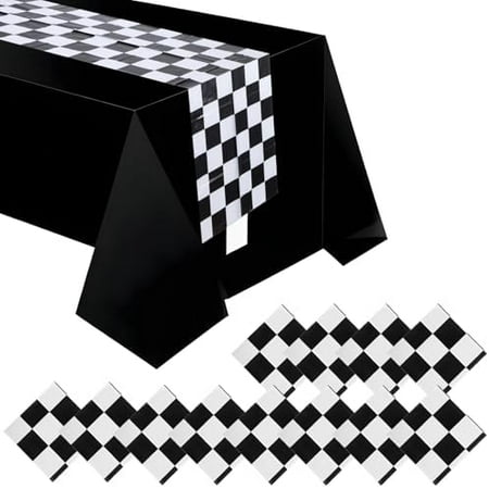 12Pcs Plastic Checkered Table Runner, 14" x 108" Race Car Plastic Table Cloths Racetrack Road Tablecloth Black and White Checkerboard Decoration for Birthday Racing Theme Party