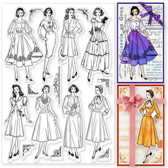 Vintage Women Clear Stamps for DIY DIY Scrapbooking Retro Lady Silicone Stamp Seals 8.3x5.8inch Transparent Stamps for DIY Cards Making Photo Album Journal Home Decoration