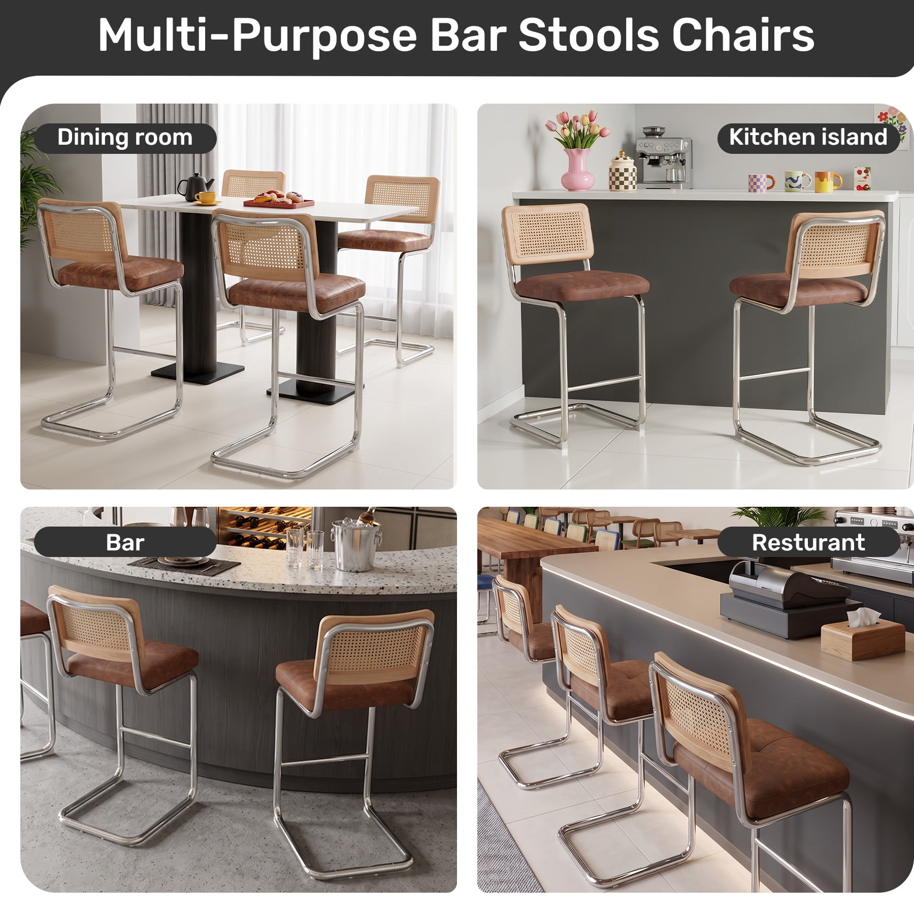MOONMISS 25.6″ Bar Stools Set of 4,Leather Counter Height Chairs with Rattan Back & Metal Legs,Mid Century Cantilevered Design for Kitchen Island,Brown